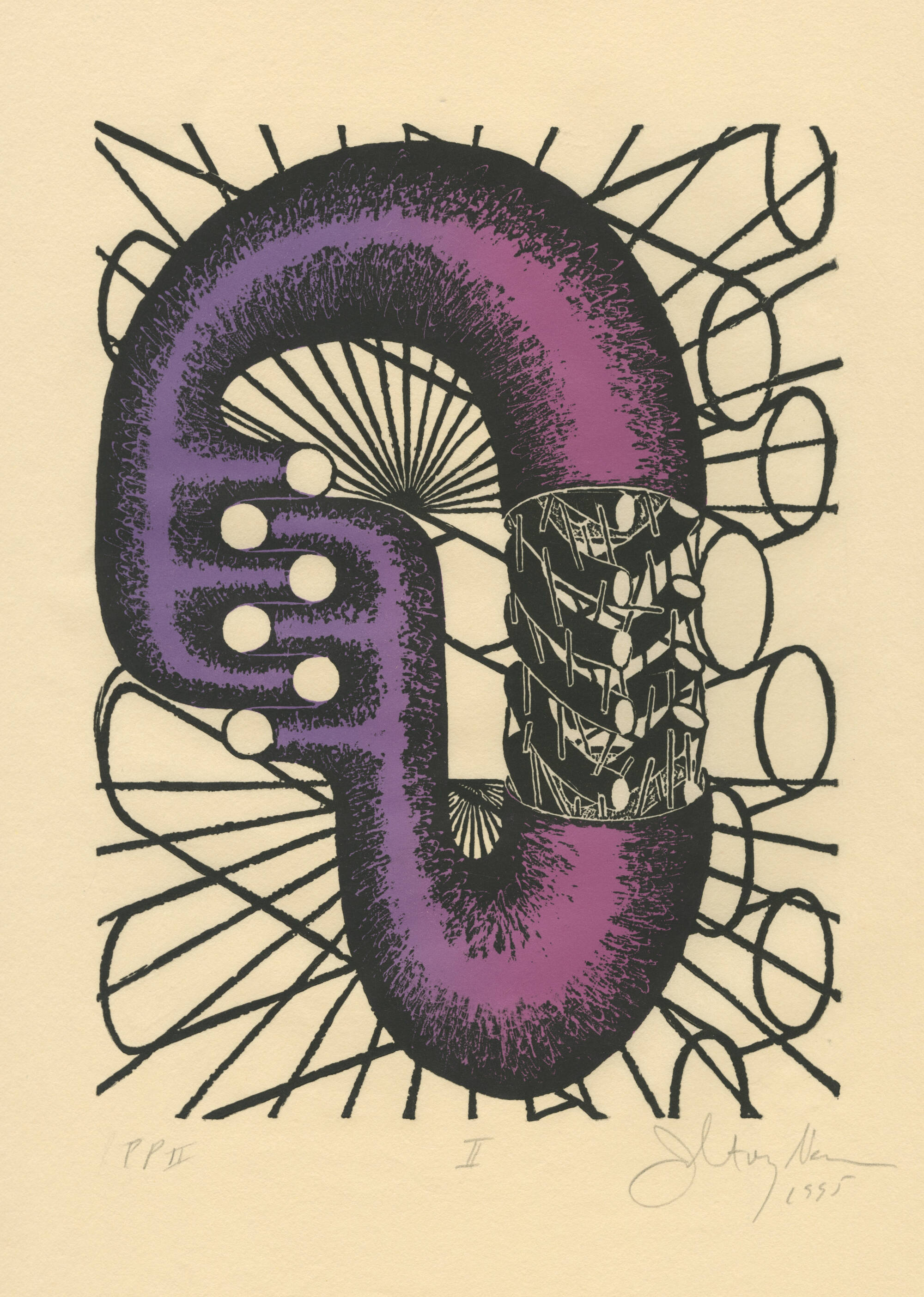 Abstract print of a purple and magenta shape that looks like a disconnected oval tube. Black lines crisscross behind the main shape.
